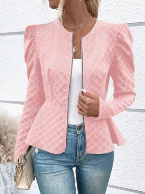 Puff Sleeve Textured Jacquard Jacket in Pink, back view