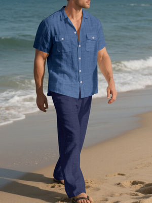 Men's Casual Button-up Shirt And Pants Set Plus Size, editorial view