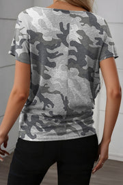 Grey camouflage crew neck t-shirt with short sleeves.
