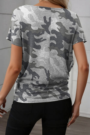 Grey camouflage crew neck t-shirt with short sleeves.