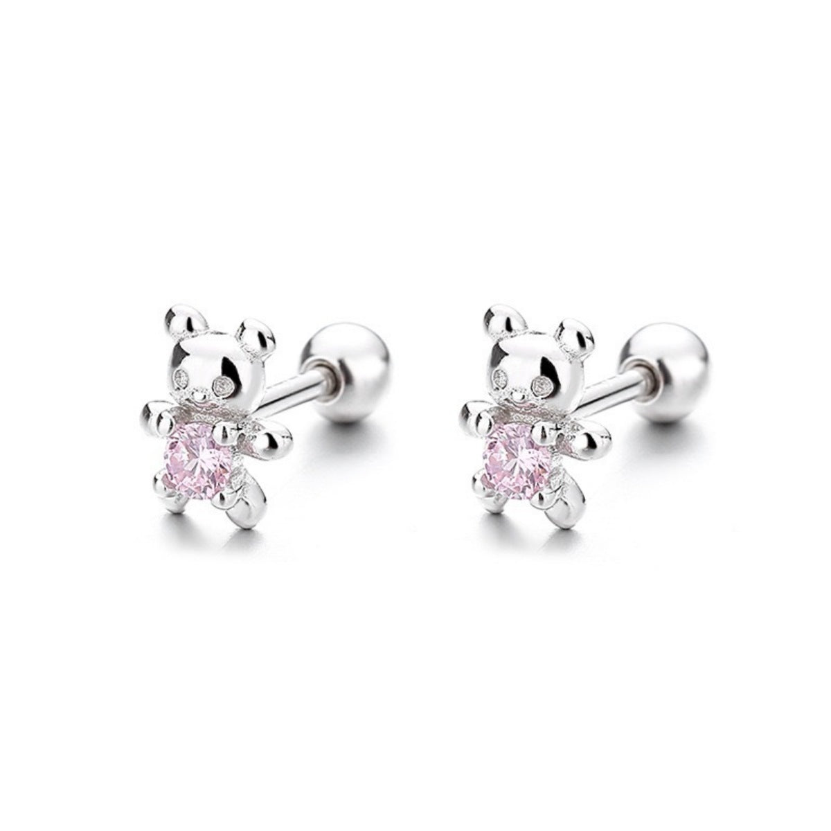 Silver bear stud earrings with pink zircon stone detail.