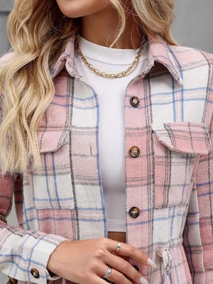 Belted blush pink plaid shacket with utility pockets and button details.