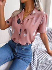 Dusty pink feather print collared puff sleeve blouse with button front.