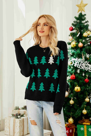 Black crewneck sweater with green tree motif and sequined tree detail