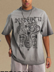Gray washed oversized graphic tee with snake and skull print.