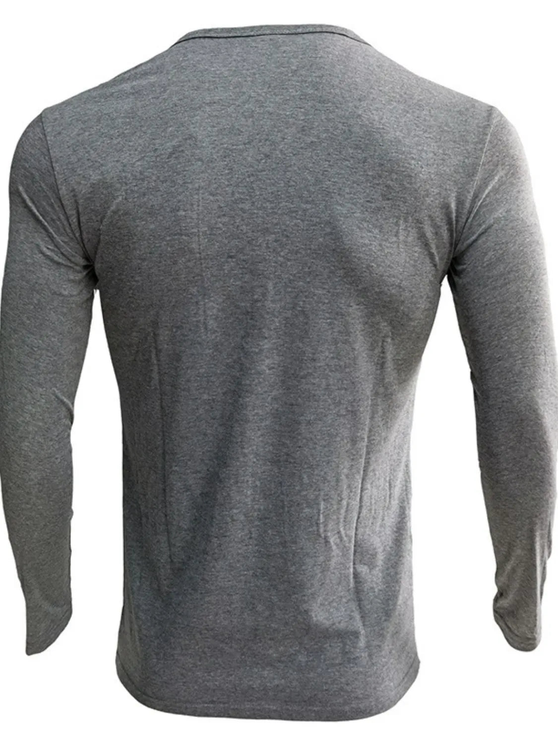 Dark Gray Henley-Neck Long Sleeve Tee, plain knit cotton blend, crew neck, long sleeves.