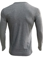 Dark Gray Henley-Neck Long Sleeve Tee, plain knit cotton blend, crew neck, long sleeves.