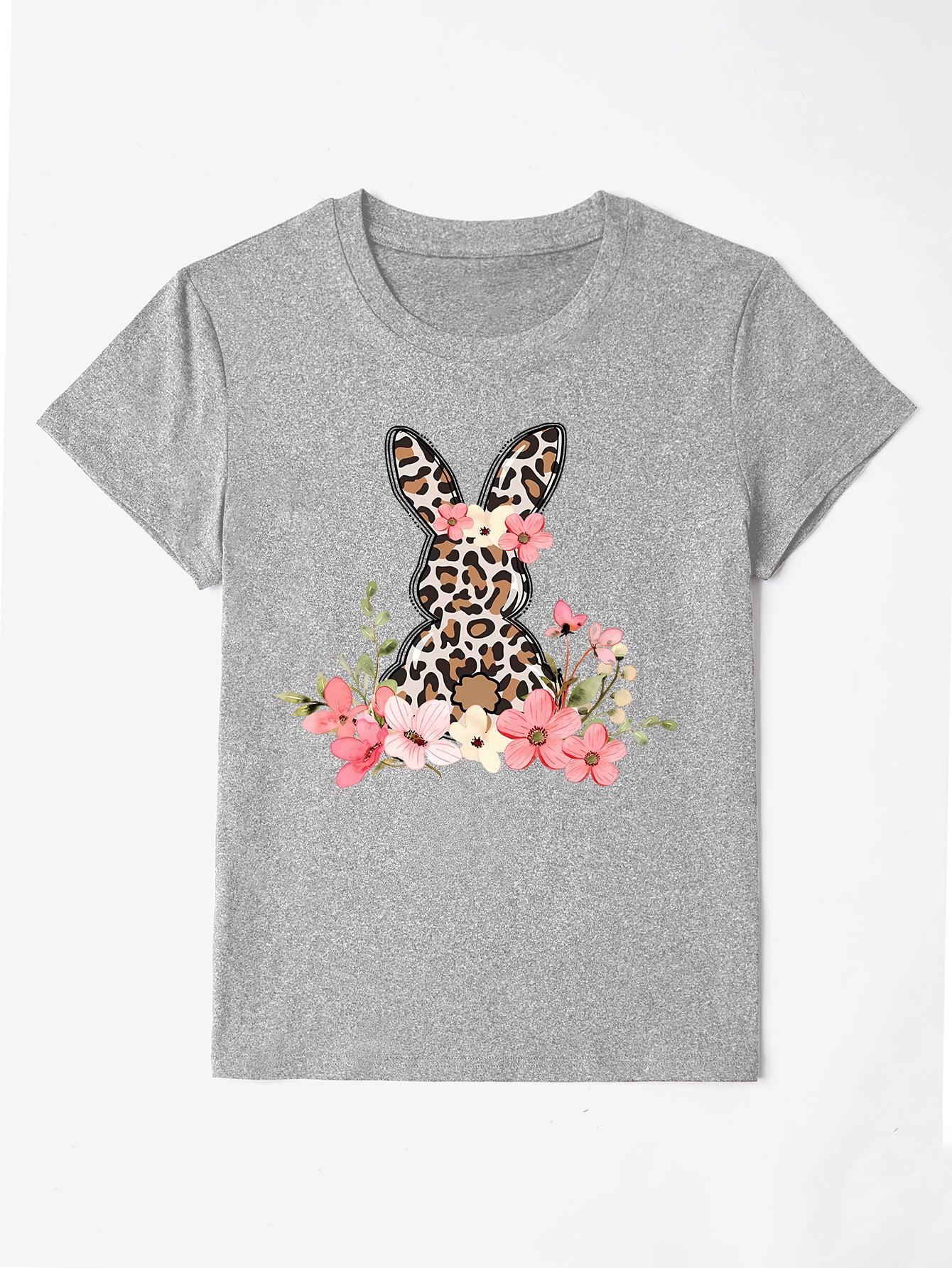 Gray crewneck tee with leopard print bunny graphic and floral accents.