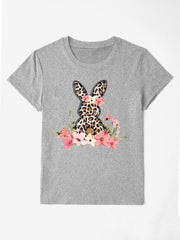 Gray crewneck tee with leopard print bunny graphic and floral accents.