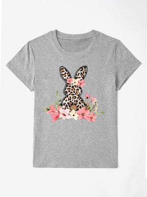 Gray crewneck tee with leopard print bunny graphic and floral accents.