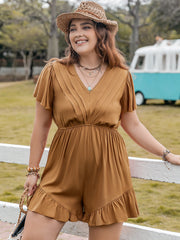Caramel pleated bodice romper with short flutter sleeves and ruffle hem.