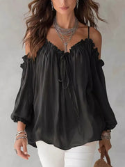 Frill Spaghetti Strap Tie Front Blouse in White, close-up detail