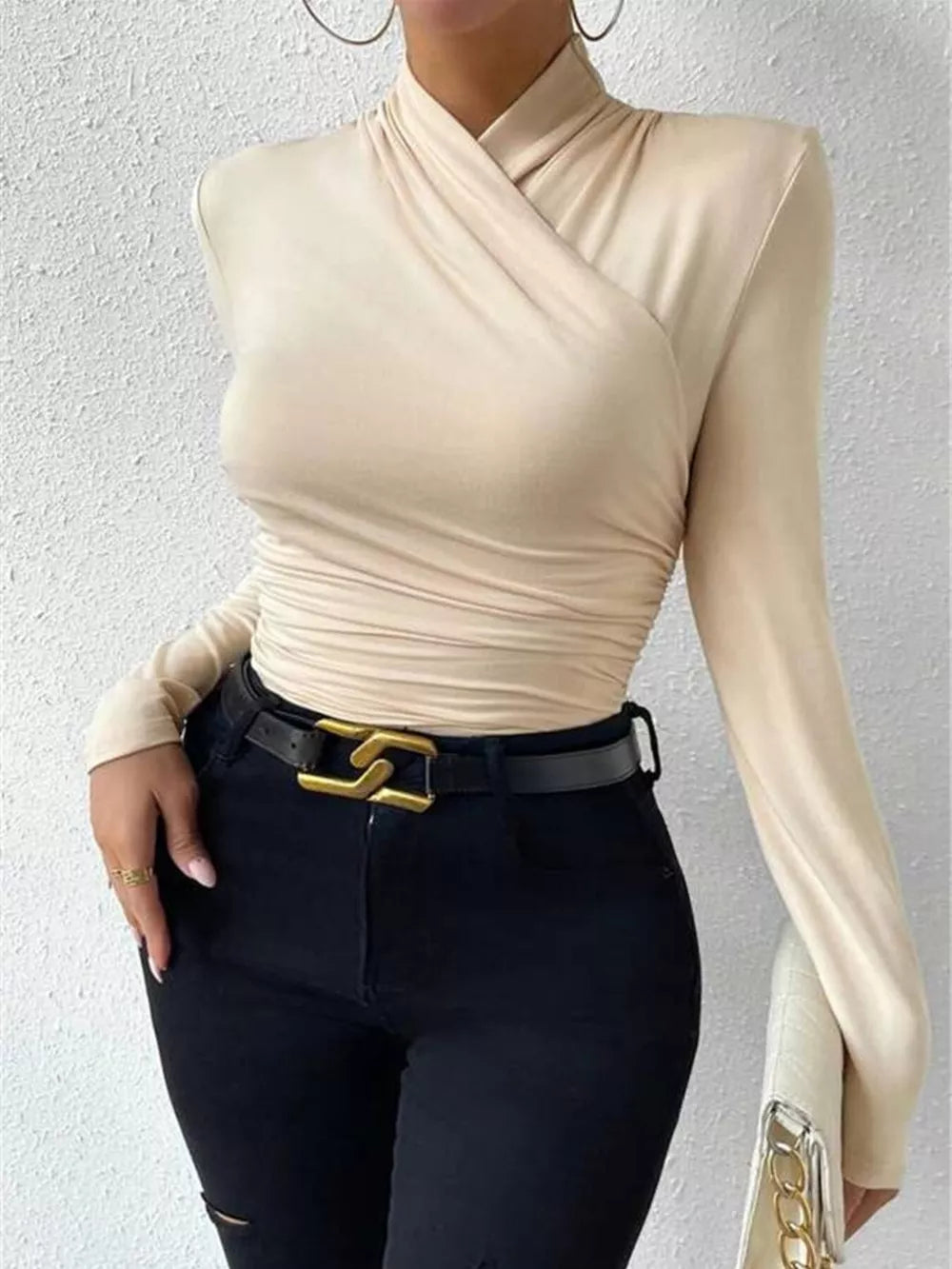 Ruched Long Sleeve Slim Fit Top in Black, front view