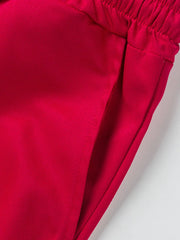 Deep red cargo shorts with elastic waistband and pocket detail.