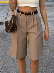 High-waisted Pleated Shorts in Khaki, front view