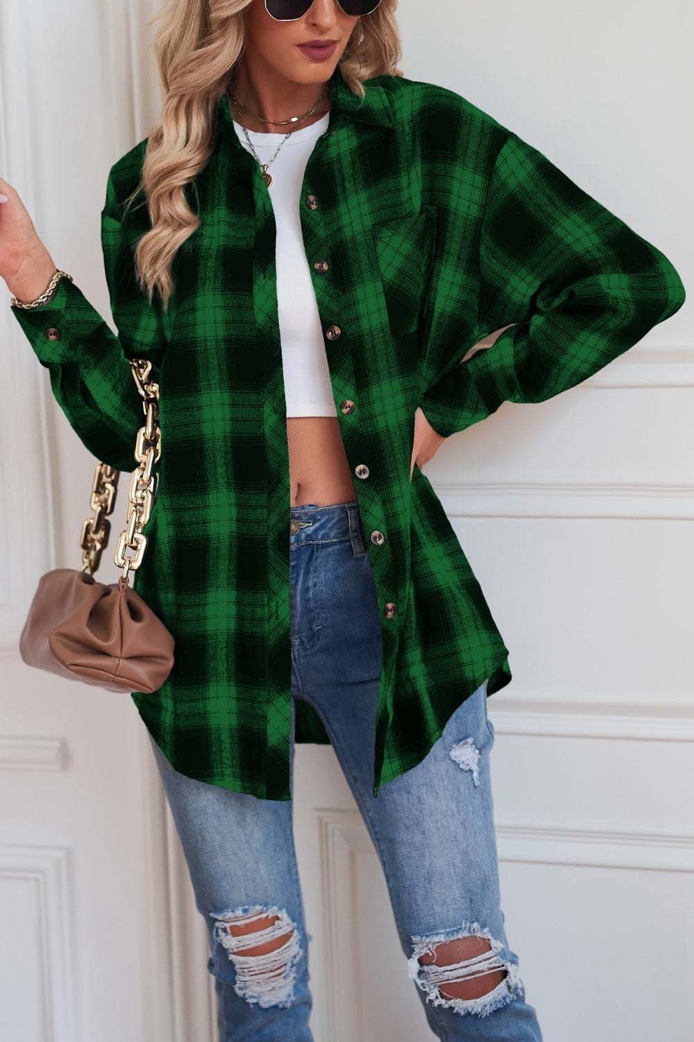 Dreamer Plaid Drop-Shoulder Jacket in dark green with buttoned front and casual styling.
