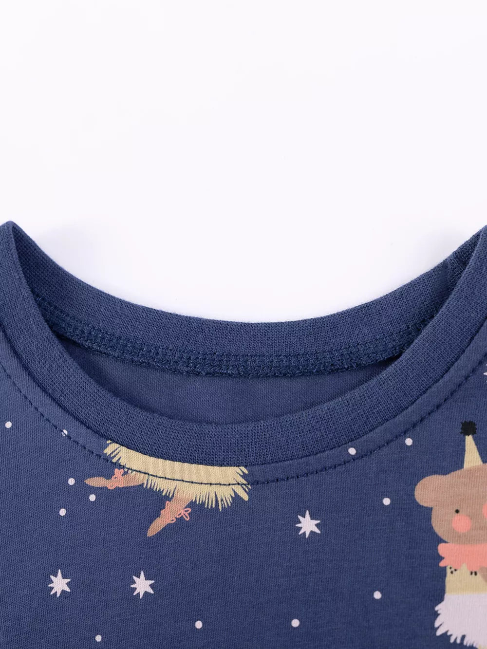 Navy blue baby dress with cartoon charm print and stars, cotton.