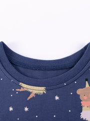 Navy blue baby dress with cartoon charm print and stars, cotton.
