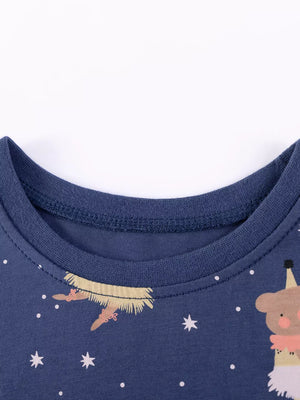 Navy blue baby dress with cartoon charm print and stars, cotton.