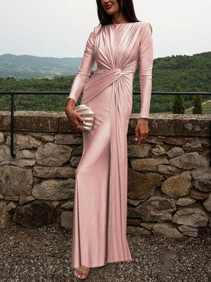 Pink ruched long sleeve maxi dress with boat neckline and knotted detail