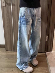 Men's vintage wash wide-leg jeans in light blue denim with a relaxed fit.