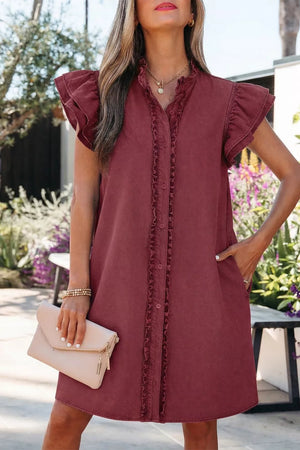 Ruffled button-down denim mini dress with flutter sleeves and a collared neckline in a deep red hue.