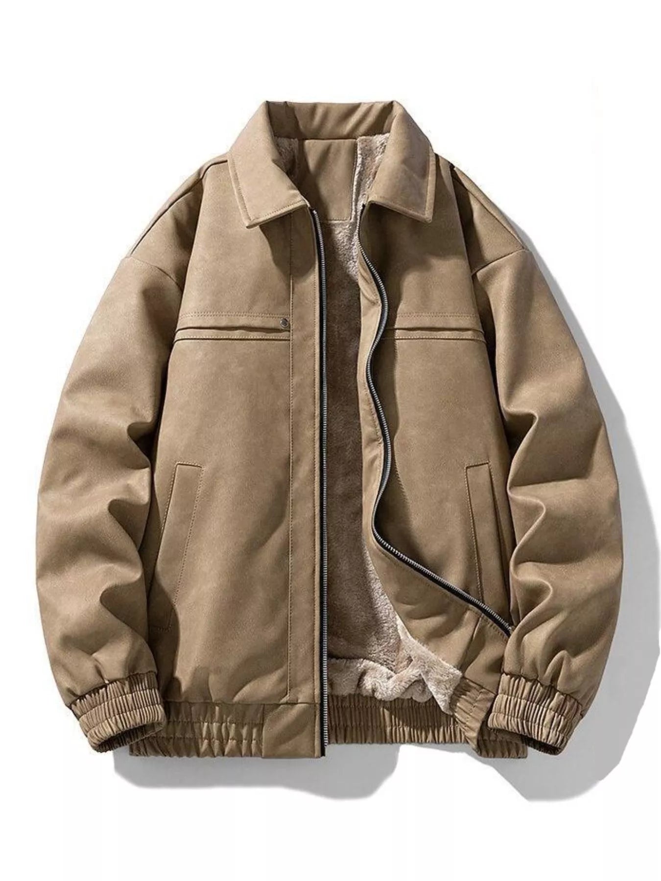 Oversized caramel fleece lined zip jacket with collar and elastic cuffs.