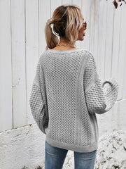 Light Gray open-knit sweater with balloon sleeves and a diamond pattern.