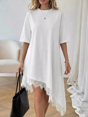 White asymmetrical t-shirt dress with lace trim and short sleeves