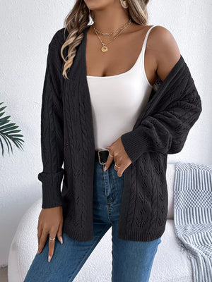 Black acrylic openwork cable knit long sleeve cardigan with open front