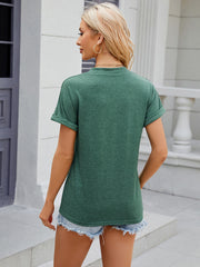 Dark Green Henley shirt with rolled cuff short sleeves and a casual fit.