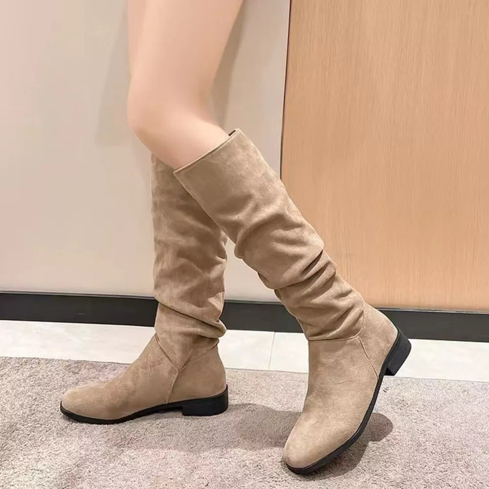 Khaki suede slouchy mid-calf boots with block heel
