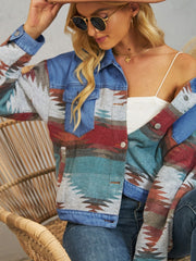 Southwestern denim patchwork jacket in dusty blue with button front and chest pockets.