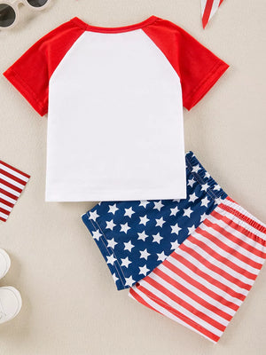 Baby patriotic set with white raglan tee and star and stripe shorts.