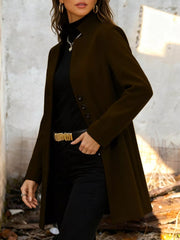 Chic longline trench coat in chocolate with button-down front and collarless neckline.