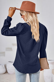 Dark Blue textured puff sleeve henley blouse with a diamond pattern