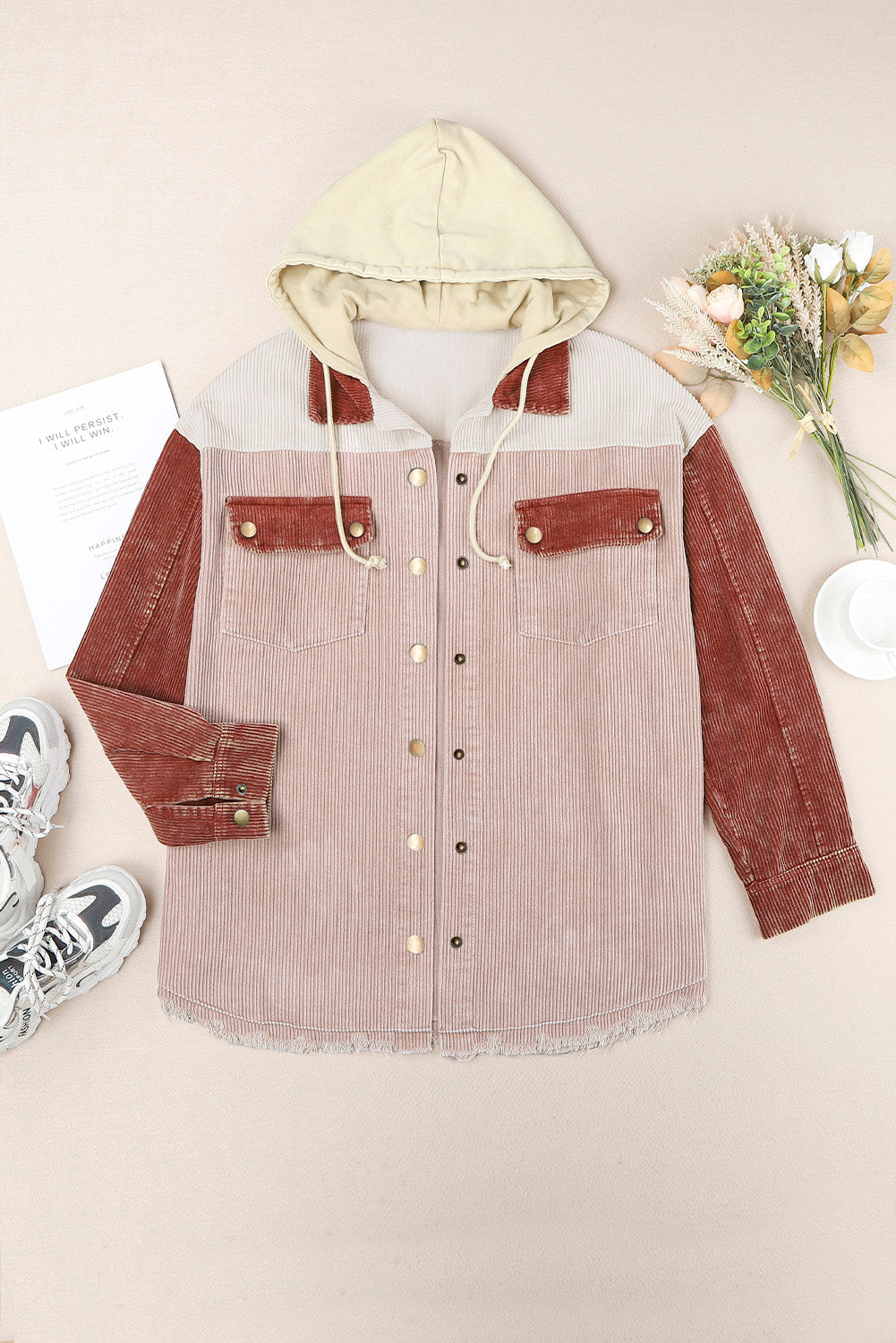 Colorblock corduroy hooded utility jacket with button pockets and frayed hem.