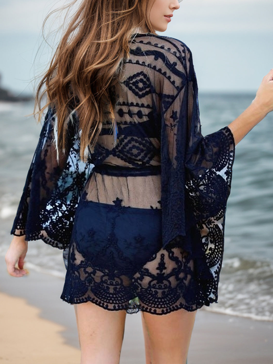 Navy lace kimono beach cover-up with bell sleeves and intricate embroidery.