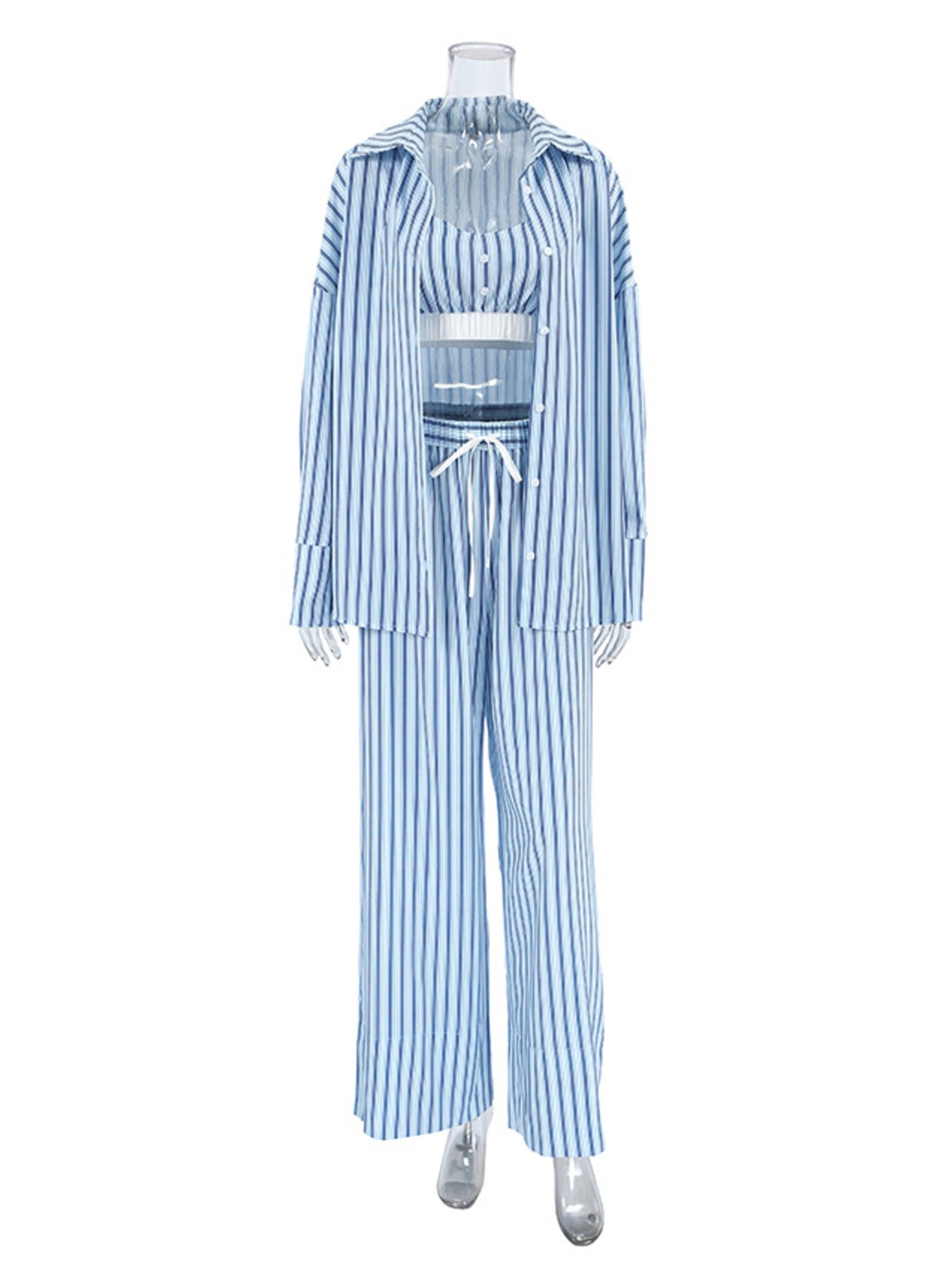 Blue and white striped three-piece pajama set with cami, button-up shirt, and wide-leg pants.