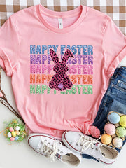 Pink t-shirt with leopard print bunny graphic and glitter "Happy Easter" text.