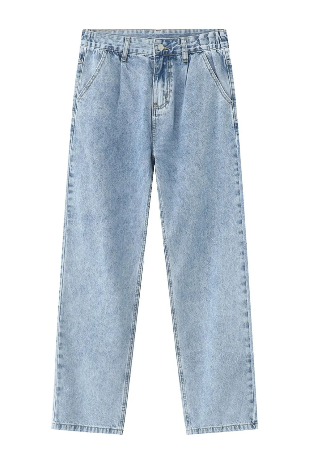 Medium wash denim wide-leg trousers with pleats and front pockets.