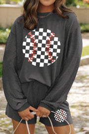 Dark gray ribbed loungewear set with baseball graphic on top and shorts.