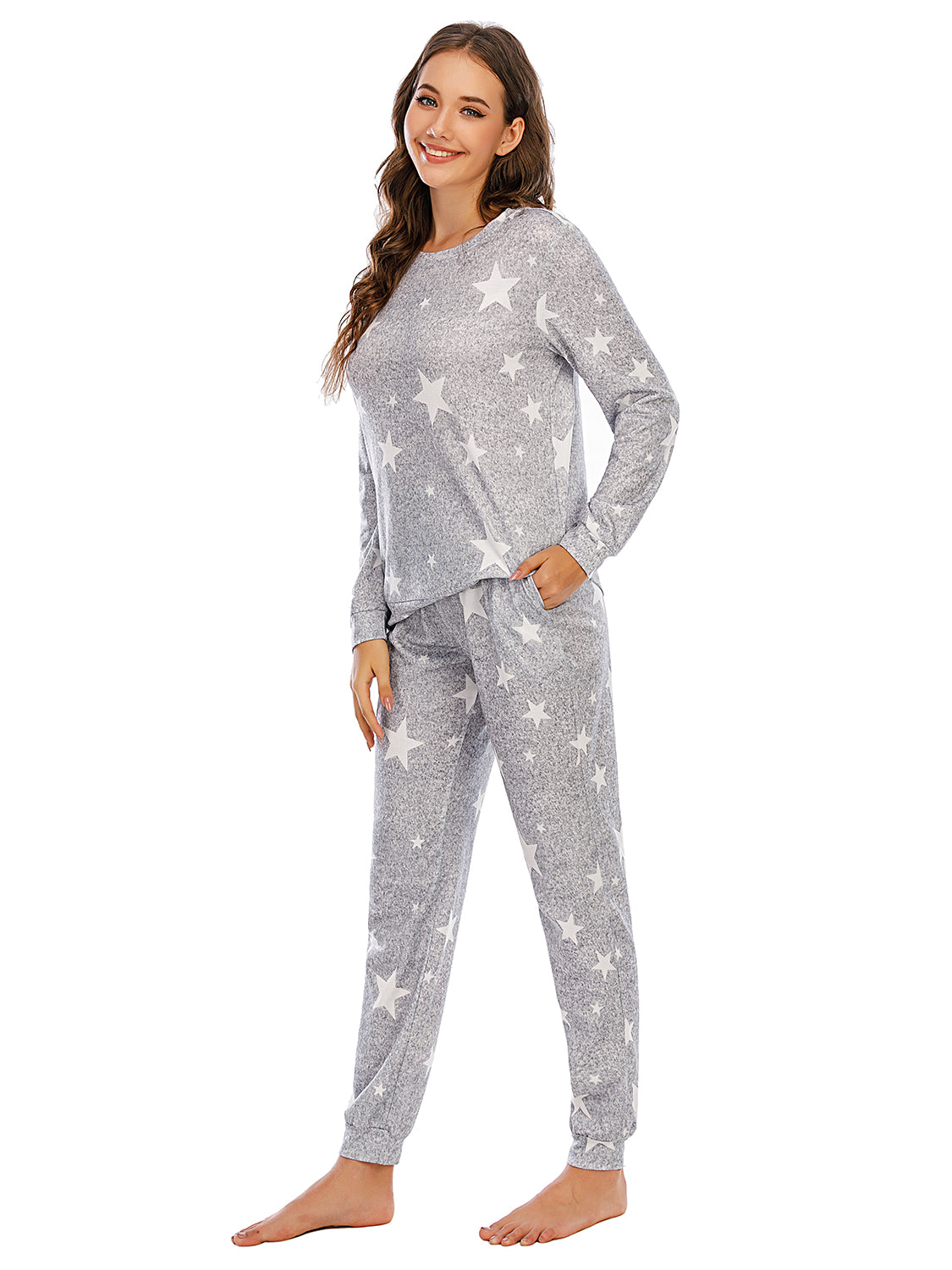 Heather Gray knit loungewear set with white stars, long sleeves, crew neck, and pants.