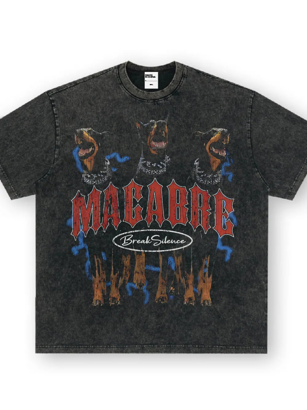 Graphic dog statement t-shirt in dark gray cotton blend with red "MACABRE" text and blue accents.