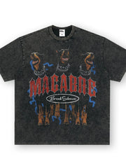 Graphic dog statement t-shirt in dark gray cotton blend with red "MACABRE" text and blue accents.