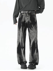 Men's black relaxed fit jeans with acid wash detail and belted waist