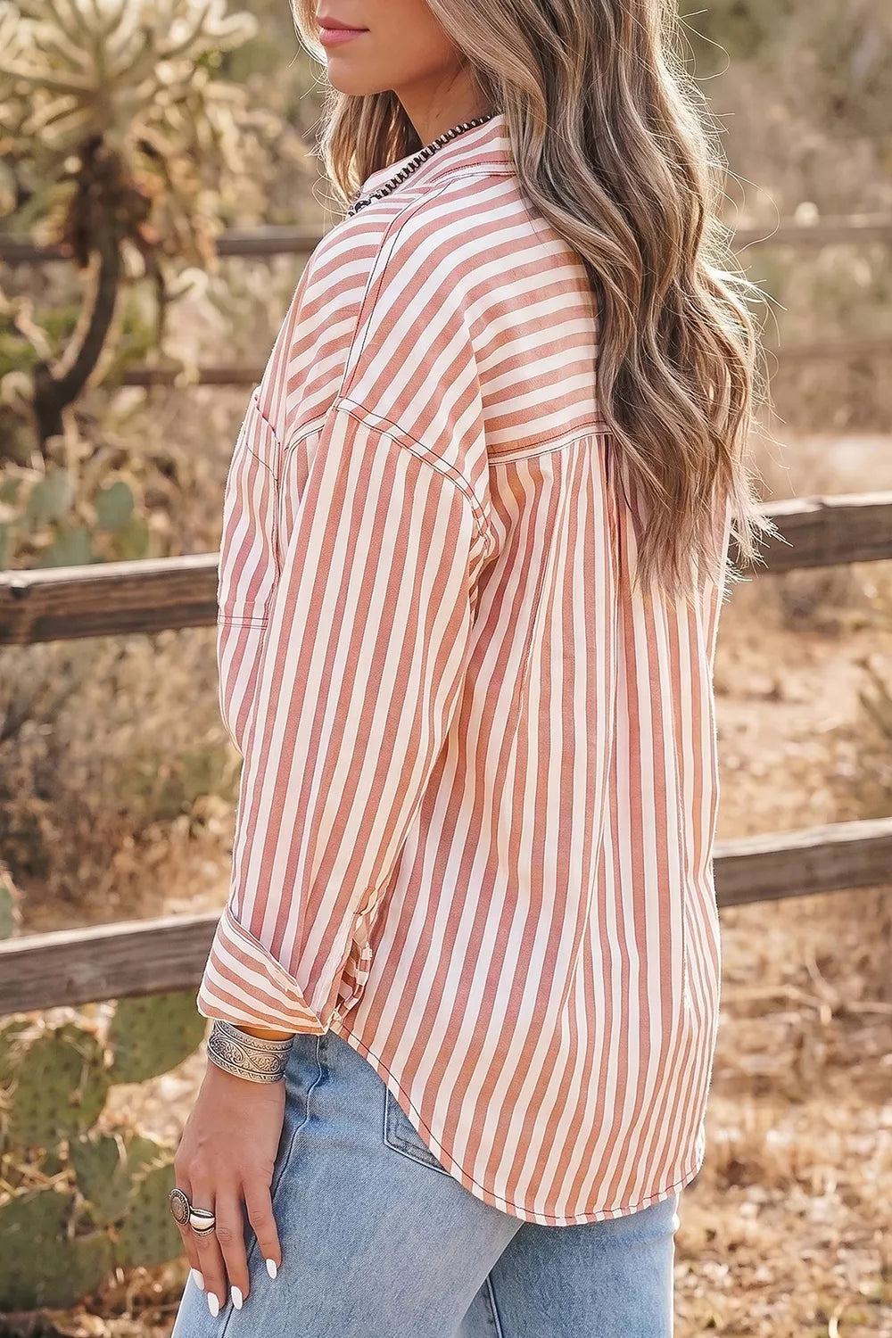 Stripe Western Button Down Long Sleeve Shirt, side view