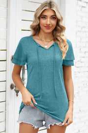 Turquoise flutter sleeve henley tee with tie neck detail