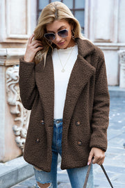 Teddy pea coat in mocha with double-breasted closure and notched lapels.