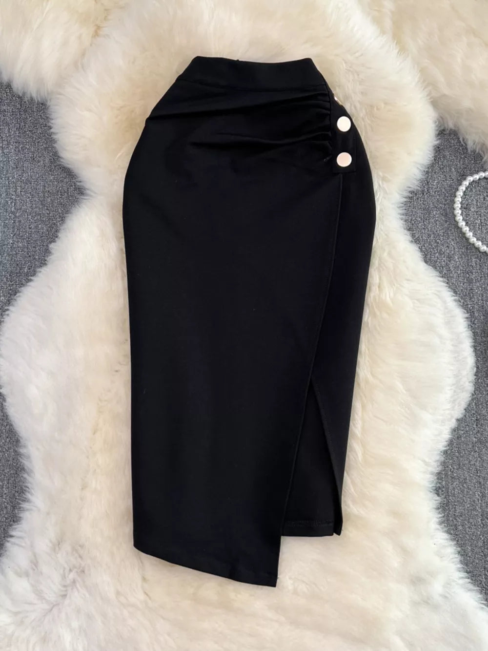 Ruched Slit Skirt in Apricot, model styling view